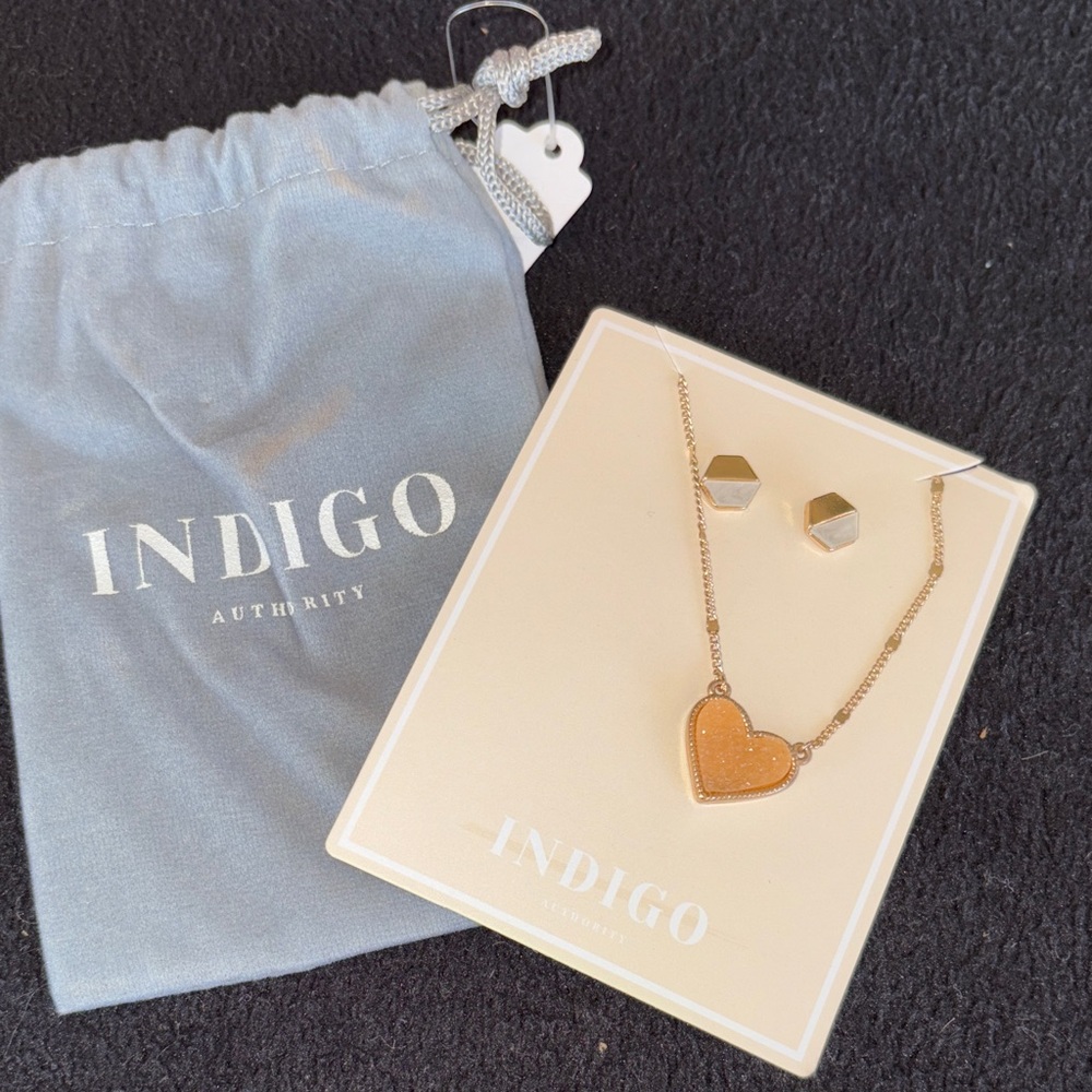 Indigo Gold Heart Necklace and Hexagon Earrings Set